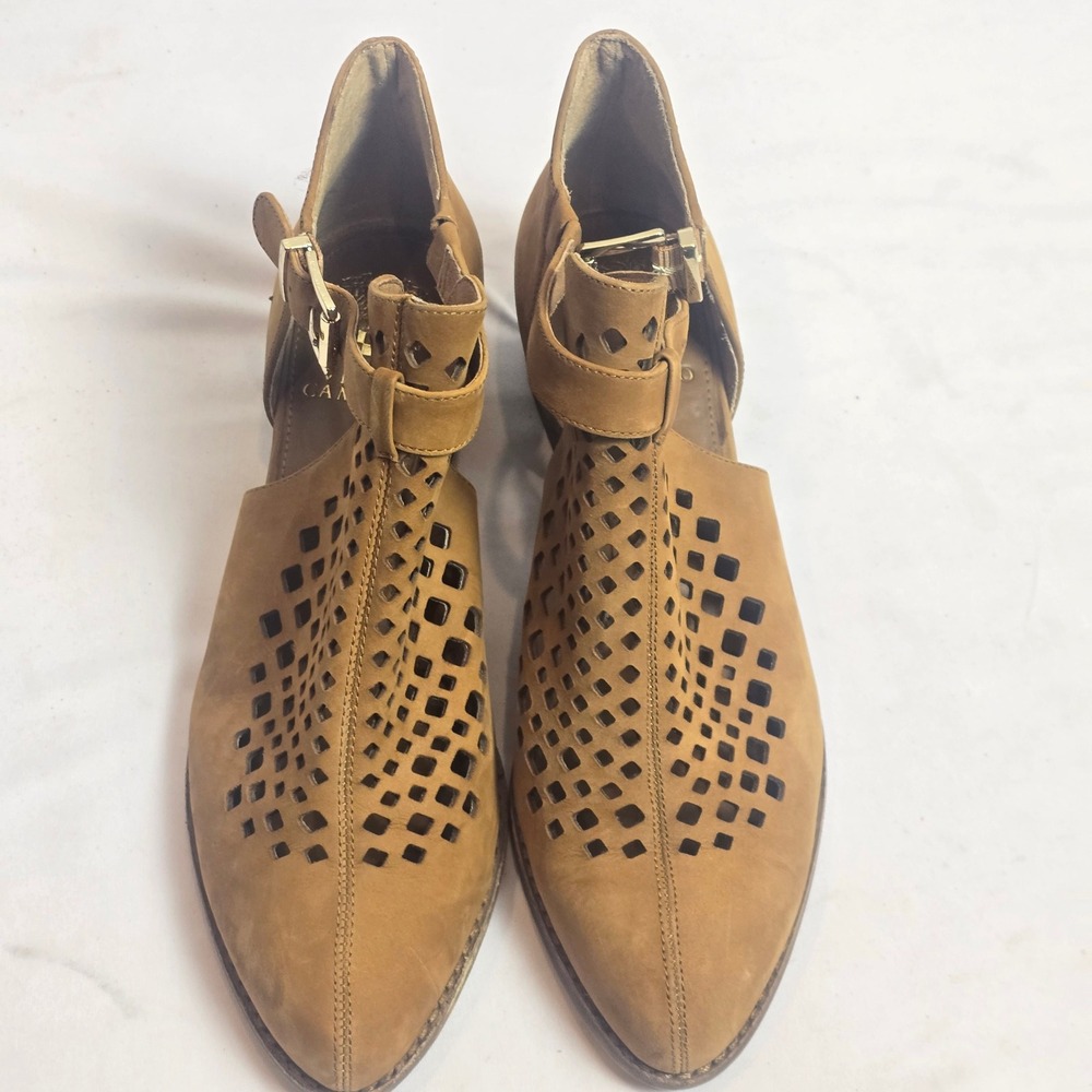 Vince Camuto Tan Leather Laser Cut Perforated Ankle Strap Booties 9M